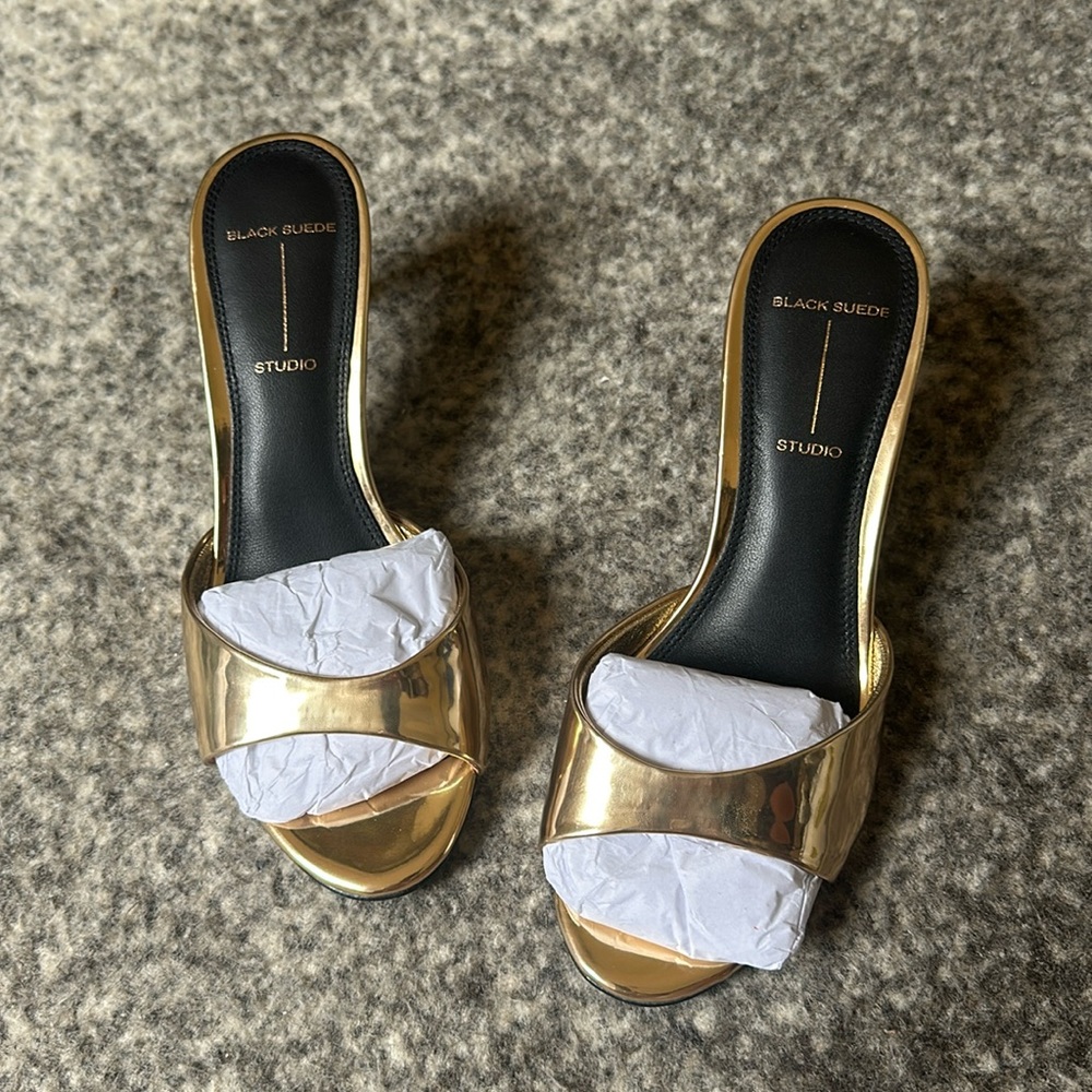 Black Suede Studio Women's Metallic Gold Slide Heels